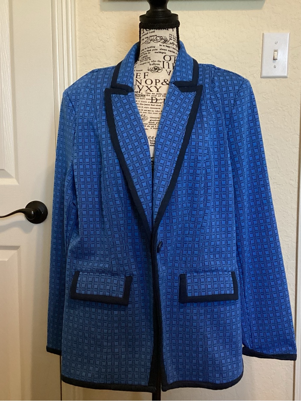 Blue Patterned Women's Cabi Blazer with Black Trim